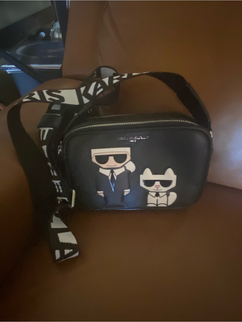 Karl Lagerfeld Black Faux Leather Crossbody Maybelle Camara style Bag